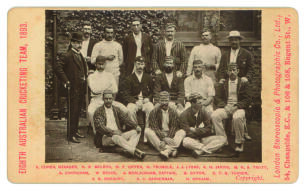 Australia 1893. Original carte de visite photograph of the &lsquo;Eighth Australian Cricketing Team 1893&rsquo;. Team photograph of the players and management including Blackham (Captain), Giffen, Trumble, Trott, Gregory, Bannerman, Turner, Jarvis, Graham etc.