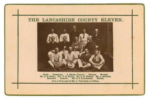 &lsquo;The Lancashire County Eleven c1881&rsquo;. Sepia cabinet card photograph of the county team, seated and standing in rows, with printed title above and players&rsquo; names below, black border surround, gilt to card edges. Players include Hornby, Royle, Watson, Barlo