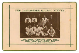 &lsquo;The Lancashire County Eleven c1881&rsquo;. Sepia cabinet card photograph of the county team, seated and standing in rows, with printed title above and players&rsquo; names below, black border surround, gilt to card edges. Players include Hornby, Royle, Watson, Barlo