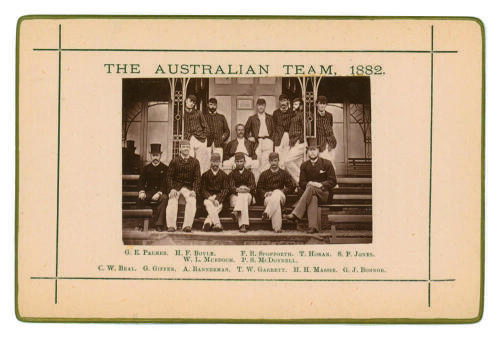 &lsquo;The Australian Team 1882&rsquo;. Sepia cabinet card photograph of the touring team to England, seated and standing in rows wearing tour blazers, with printed title above and players&rsquo; names below, black border surround, gilt to card edges. Players include Garre