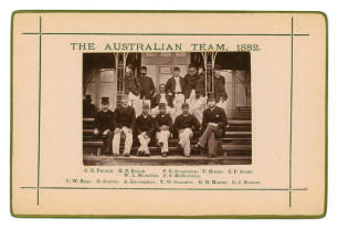 &lsquo;The Australian Team 1882&rsquo;. Sepia cabinet card photograph of the touring team to England, seated and standing in rows wearing tour blazers, with printed title above and players&rsquo; names below, black border surround, gilt to card edges. Players include Garre