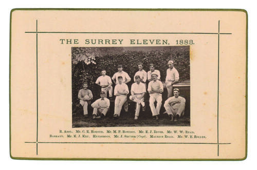 &lsquo;The Surrey Eleven 1883&rsquo;. Sepia cabinet card photograph of the county team, seated and standing in rows, with printed title above and players&rsquo; names below, black border surround, gilt to card edges. Players include Shuter, Read, Roller, Key, Abel etc. Thi