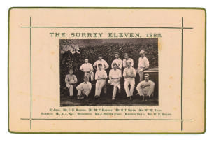 &lsquo;The Surrey Eleven 1883&rsquo;. Sepia cabinet card photograph of the county team, seated and standing in rows, with printed title above and players&rsquo; names below, black border surround, gilt to card edges. Players include Shuter, Read, Roller, Key, Abel etc. Thi