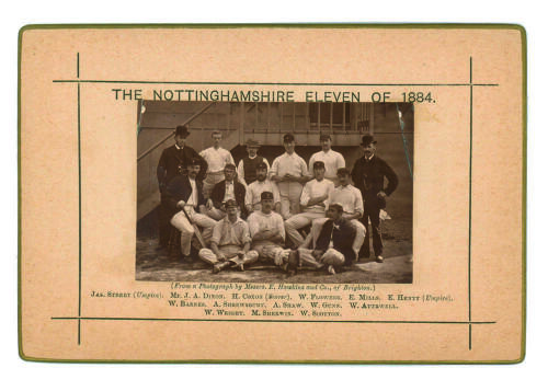 &lsquo;The Nottinghamshire Eleven of 1884&rsquo;. Sepia cabinet card photograph of the county team, seated and standing in rows, with printed title above and players&rsquo; names below, black border surround, gilt to card edges. Players include Shaw, Gunn, Shrewsbury, Atte