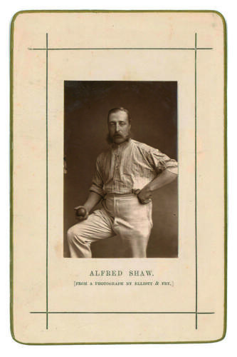 Alfred Shaw. Nottinghamshire, Sussex & England 1864-1897. Sepia cabinet card photograph of Shaw, standing wearing cricket attire and holding a ball, with printed title below, black border surround, gilt to card edges. This same image was used as a bookpla