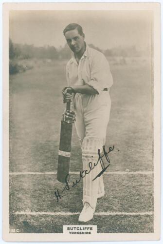 Herbert Sutcliffe. Yorkshire & England 1919-1945. Phillips &lsquo;Pinnace&rsquo; premium issue cabinet size mono real photograph trade card of a youthful Sutcliffe, full length, in batting pose. Very nicely signed in black ink to the photograph by Sutcliffe. No. 51.C