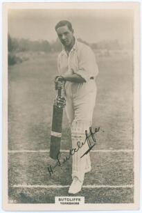 Herbert Sutcliffe. Yorkshire & England 1919-1945. Phillips &lsquo;Pinnace&rsquo; premium issue cabinet size mono real photograph trade card of a youthful Sutcliffe, full length, in batting pose. Very nicely signed in black ink to the photograph by Sutcliffe. No. 51.C