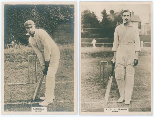 Andy Sandham and Percy Fender. Two Phillips &lsquo;Pinnace&rsquo; premium issue cabinet size sepia real photograph trade cards, one of Sandham (Surrey & England 1911-1937) no. 19.C, the other of Percy Fender (Surrey & England 1910-1935) no. 24.C. 4&rdquo;x6&rdquo;. Plain back. V