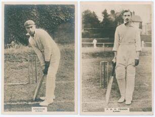 Andy Sandham and Percy Fender. Two Phillips &lsquo;Pinnace&rsquo; premium issue cabinet size sepia real photograph trade cards, one of Sandham (Surrey & England 1911-1937) no. 19.C, the other of Percy Fender (Surrey & England 1910-1935) no. 24.C. 4&rdquo;x6&rdquo;. Plain back. V
