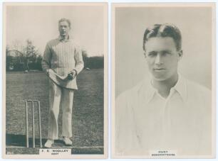 Frank Woolley and George Hunt. Two Phillips &lsquo;Pinnace&rsquo; premium issue cabinet size sepia real photograph trade cards, one of Frank Woolley (Kent & England 1906-1938) no. 25.C, the other of George Hunt (Somerset 1921-1931) no. 198.C. 4&rdquo;x6&rdquo;. Plain back. Very 