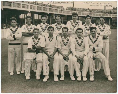 Pakistan v England 1954. Original official sepia photograph of the Pakistan team seated and standing in rows wearing cricket attire. The photograph taken at Trent Bridge for the second Test match, 1st- 5th July 1954. Fully signed in ink by all twelve memb