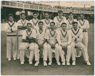 Pakistan v England 1954. Original official sepia photograph of the Pakistan team seated and standing in rows wearing cricket attire. The photograph taken at Trent Bridge for the second Test match, 1st- 5th July 1954. Fully signed in ink by all twelve memb
