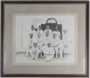 Maharajkumar Kumar of Vizianagram&rsquo;s tour of India and Ceylon 1930/31. Rare and unusual large original mono photograph of the Maharaja&rsquo;s team seated and standing in rows wearing cricket attire and tour blazers. Probably taken at the match v Mysore at Banga