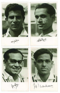 Indian tour of England 1959. Four postcard size, head and shoulders, photographs of Indian tourists R.G. Nadkarni, P. Roy, M.L. Jaisimha and N.S. Tamhane. All nicely signed to lower border in ink, probably pre tour photograph produced for the press. 3.5&rdquo;x