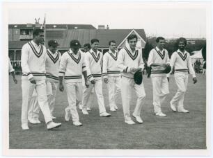 India tour of England 1967. Original mono press photograph of the Indian team being led on to the field by their captain, Nawab of Pataudi, for the opening match of the tour v Indian Gymkhana at Osterley, 29th April 1967. The Indians won the twelve per si