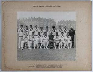 &lsquo;Indian Cricket Touring Team, 1967&rsquo;. Large original mono photograph of the Indian team for the 1967 tour to England, standing and seated in rows on the outfield at The Oval, wearing cricket attire and tour sweaters. Players featured include Nawab of Patau