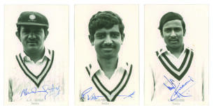 Indian tour of England 1971. Three postcard size, head and shoulders,photographs of Indian tourists A. Mankad, S. Kirmani and G.R. Viswanath. All nicely signed to image in ink, probably pre tour photograph produced for the press. Photographs by Morley L. 