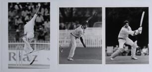 Kapil Dev Ramlal Nikhanj. Haryana, Northamptonshire & India 1975-1994. Three original mono press photographs of Kapil Dev, two in bowling action, 6.5&rdquo;x8.5&rdquo;, the other batting, both 8&rdquo;x10&rdquo;. Each photograph signed by Kapil Dev. Photographers/ agencies are A