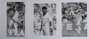 Narendra Deepchand Hirwani. Madhya Pradesh, Bengal & India 1984-2006. Three original mono press photographs of Hirwani, two in bowling action, the other standing in the field. Each photograph signed by Hirwani. Photographers/ agencies are two by Allsport 