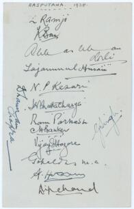 Rajputana tour to England 1938. Plain postcard nicely signed in ink by fourteen members of the touring party including Vijay Hazare (30 Tests, 1946-1953), Ladha Ramji (1 Test 1933/34), Kartik Bose, Kamal Bhattacharya, Advani Gopaldas, Narsingrao Kesari et