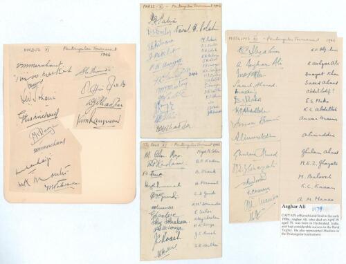 Bombay Pentangular Tournament 1945/46. Four rare pages/ cards comprising signatures of four of the teams who took part in the final Pentangular Tournament to be held in Mumbai (Bombay) January 1946. Teams are Hindus XI, fourteen signatures on pieces laid 