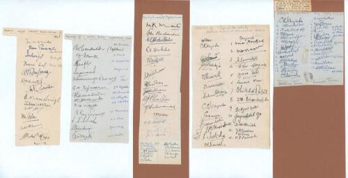 Indian cricket 1945/46. Five pages of varying shapes and sizes, each signed in ink by members of Indian cricket teams, each page with handwritten title. Teams/ matches are &lsquo;North India Cricket Association XI 1946&rsquo; (13 signatures), &lsquo;Mysore XI South Zone Ch