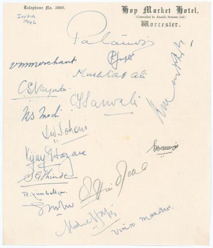 India tour to England 1946. A page of &lsquo;Hop Market Hotel, Worcester&rsquo; headed paper very nicely signed in ink by all seventeen members of the Indian touring party to England. Signatures include Nawab of Pataudi (Captain), Merchant, Mushtaq Ali, Nayudu, Sarwa