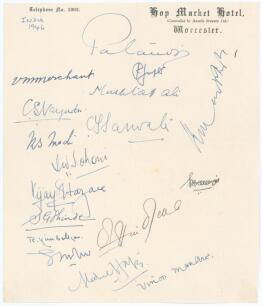 India tour to England 1946. A page of &lsquo;Hop Market Hotel, Worcester&rsquo; headed paper very nicely signed in ink by all seventeen members of the Indian touring party to England. Signatures include Nawab of Pataudi (Captain), Merchant, Mushtaq Ali, Nayudu, Sarwa