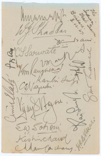 India tour to Australia 1947/48. Album page with handwritten annotation in ink to top corner &lsquo;The Indian Test Team Brisbane, 3.12.47&rsquo;. Nicely signed in black ink by eighteen members of the Indian touring party. Signatures include Amarnath (Captain), Phadk
