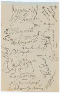 India tour to Australia 1947/48. Album page with handwritten annotation in ink to top corner &lsquo;The Indian Test Team Brisbane, 3.12.47&rsquo;. Nicely signed in black ink by eighteen members of the Indian touring party. Signatures include Amarnath (Captain), Phadk