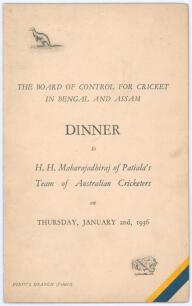 Australian tour of India & Ceylon 1935/36. Official menu for the Dinner given to &lsquo;H.H. Maharajadhiraj of Patiala&rsquo;s Team of Australian Cricketers&rsquo; by the Board of Control for Cricket in Bengal and Assam, held at Firpo&rsquo;s Branch (Peliti&rsquo;s), Calcutta (Kolkata