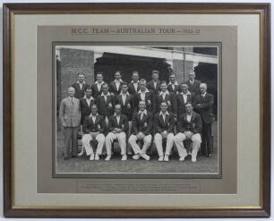 Bodyline. &lsquo;M.C.C. Team- Australian Tour- 1932-33&rsquo;. Large and impressive official mono photograph of the M.C.C. touring party who toured Australia in 1932/33. The team, standing and seated in rows, wearing M.C.C. touring blazers and cricket attire. The pho