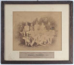 &lsquo;England v Australians, 1884&rsquo;. Early original sepia photograph of the England team and umpires for the 2nd Test at Lord&rsquo;s 21st- 23rd July 1884, standing and seated in rows, the players wearing blazers, caps and cricket attire. The photograph laid down to 