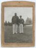 W.G. Grace and Bobby Abel. Original mono photograph of Grace and Abel standing together full length on the outfield, possibly at Cheltenham, c.1905, Grace wearing cap and blazer, Abel in straw boater and frock coat. The photograph measures 3.5&rdquo;x4.5&rdquo; laid 