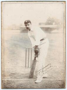 Thomas Walter Hayward. Surrey & England 1893-1914. Excellent original sepia photograph of Hayward wearing Surrey cap, standing full length in batting pose at the wicket. Signed in black ink &lsquo;Yours sincerely, T. Hayward&rsquo;. The photograph laid flush to origi
