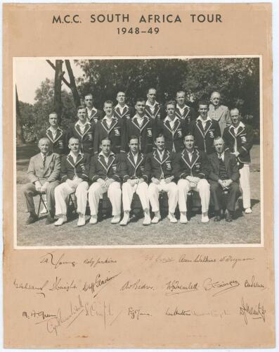 &lsquo;M.C.C. South Africa Tour 1948-49&rsquo;. Official mono photograph of the M.C.C. touring party seated and standing in rows wearing tour blazers. Nicely and fully signed in ink to the lower mount border by all nineteen members of the touring party. Players&rsquo; sign