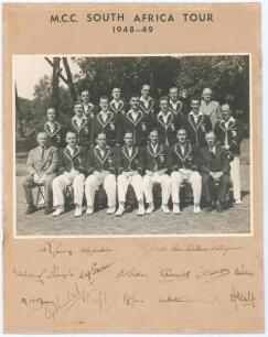 &lsquo;M.C.C. South Africa Tour 1948-49&rsquo;. Official mono photograph of the M.C.C. touring party seated and standing in rows wearing tour blazers. Nicely and fully signed in ink to the lower mount border by all nineteen members of the touring party. Players&rsquo; sign