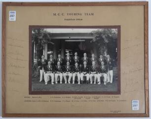 M.C.C. Tour of Pakistan 1955/56. Official mono photograph of the M.C.C. team who toured Pakistan, seated and standing in rows and wearing tour blazers. The photograph is laid down to official photographers mount. Nicely and fully signed in ink to the moun