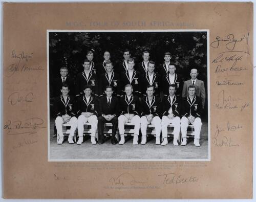 &lsquo;M.C.C. Tour of South Africa 1964/65&rsquo;. Original official photograph of the M.C.C. touring party, standing and seated in rows, the players wearing cricket attire and tour blazers. The photograph &lsquo;With the compliments of Rothmans of Pall Mall&rsquo;, is laid down