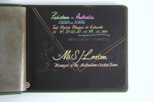 &lsquo;Pakistan vs. Australia. Third and Final Test Match Played at Karachi on 4th, 5th, 6th, 8th, and 9th Dec. 1959&rsquo;. Large photograph album produced by the Newland Studio, Frere Road, Karachi for the Karachi Cricket Association and presented to &lsquo;Mr S.[Sam] Lo