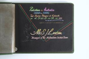 &lsquo;Pakistan vs. Australia. Third and Final Test Match Played at Karachi on 4th, 5th, 6th, 8th, and 9th Dec. 1959&rsquo;. Large photograph album produced by the Newland Studio, Frere Road, Karachi for the Karachi Cricket Association and presented to &lsquo;Mr S.[Sam] Lo