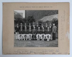 &lsquo;South African tour of Great Britain 1965&rsquo;. Official mono photograph of the South African touring party, sitting and standing in rows, wearing tour blazers. The photograph laid down to official mount with title to top border and players names printed to l