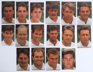 New Zealand tour to England 1994. Sixteen colour copy player portrait photographs plus duplicates of members of the New Zealand touring party, each depicted head and shoulders and signed to the photograph by the featured player. Signatures are Rutherford 