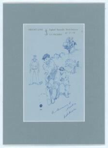 Ken &lsquo;Slasher&rsquo; Mackay. Queensland & Australia. Original biro caricature portrait, on a sheet of Orient Line S.S. Orcades headed paper, of Mackay stone walling a ball, wicket keeper, slip and pavilion to background by Arthur Mailey. The portrait has been si