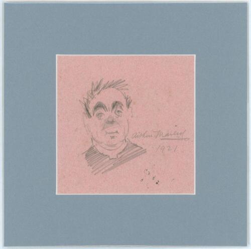 George Robey. Original pencil caricature portrait, on an album page, of George Robey by Arthur Mailey. The portrait has been signed by Mailey and dated 1921 in pencil. Window mounted. Overall 9&rdquo;x9&rdquo;. Good condition