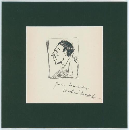 Arthur Mailey, New South Wales & Australia 1912-1930. Original pen and ink caricature self portrait by Arthur Mailey. The portrait has been very nicely signed &lsquo;Yours sincerely&rsquo; by Mailey. Window mounted. Overall 9.75&rdquo;x9.75&rdquo;. Good condition