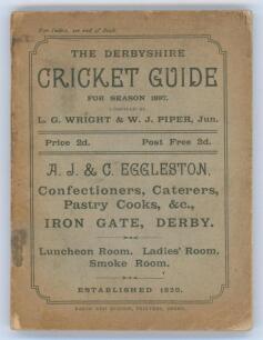 &lsquo;The Derbyshire Cricket Guide for season 1897&rsquo;. 2nd Edition. Compiled by L.G. Wright and W.J. Piper Jun. Published by Baker & Hudson of Derby. Some minor wear, soiling and age toning to original green wrappers, some rusting to staples otherwise in good co