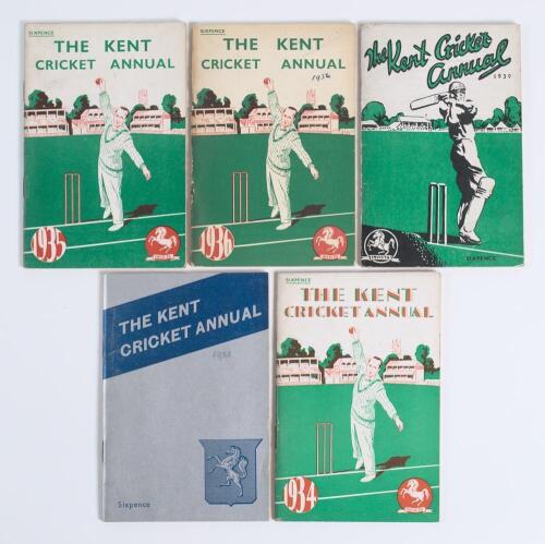 &lsquo;The Kent Cricket Annual&rsquo; 1933-1939. Compiled by Sir Home Gordon. A complete run of five official annuals for seasons 1933-1936 and 1939, all in original decorative card wrappers. Minor soiling to wrappers, wear to the spine of the 1936 edition otherwise 