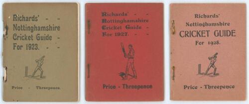 &lsquo;Richards&rsquo; Nottinghamshire Cricket Guide&rsquo;. Three editions for 1923, 1927 and 1928. Edited by &lsquo;Incog&rsquo; (F.S. Ashley-Cooper). Printed and published by C.H. Richards, Nottingham. Original paper wrappers. Padwick 2519. Rusting to staples, wrappers becoming det