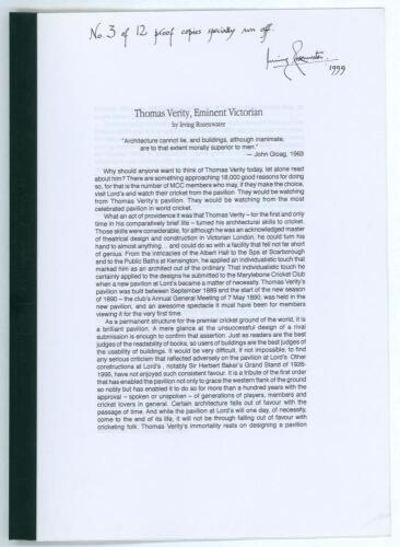 &lsquo;Thomas Verity, Eminent Victorian&rsquo;. Irving Rosenwater 1999. Limited edition &lsquo;No. 3 of 12 proof copies specially run off&rsquo; for private circulation and not for sale, signed by Rosenwater and dated 1999. Three page loosely bound article further annotated by R